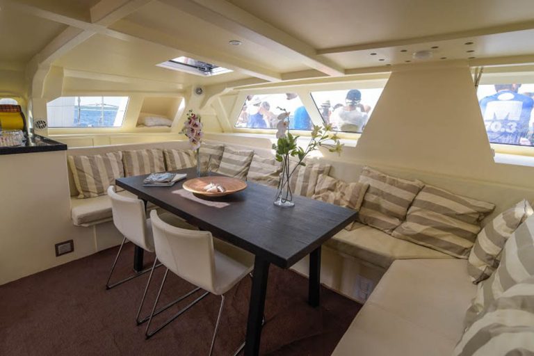 interior dining area of a private catamaran in riviera maya, mexico