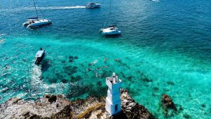 riviera maya catamarans Aerial view of El farito during a catamaran tour from cancun to isla mujeres