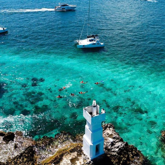 riviera maya catamarans Aerial view of El farito during a catamaran tour from cancun to isla mujeres