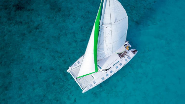 aerial view of a catamaran charter in isla mujeres, mexico