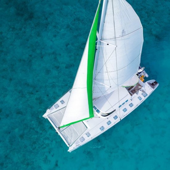aerial view of a catamaran charter in isla mujeres, mexico