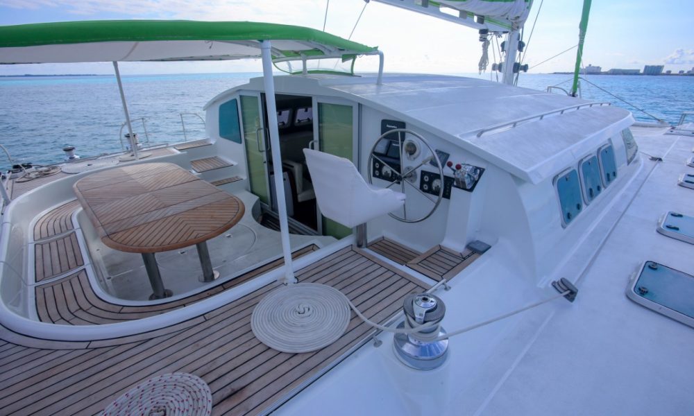 table and captain's chair of a catamaran in cancun, mexico