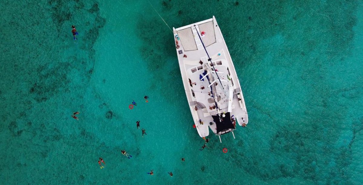 aerial view of the catamaya catamaran charter in playa del carmen cozumel and tulum riviera maya mexico