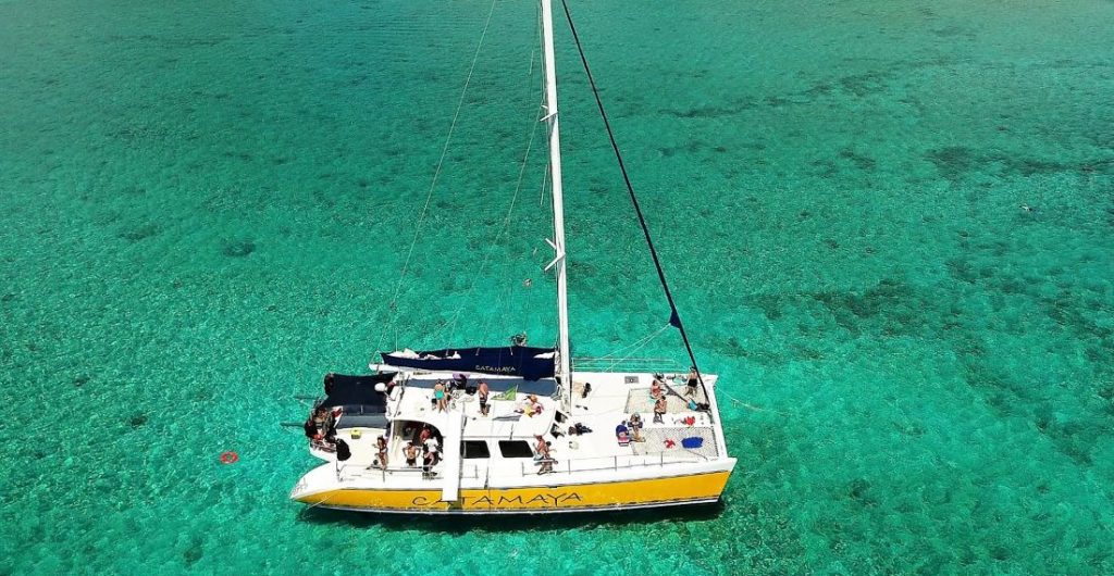 aerial view of the best wedding catamaya catamaran charter in playa del carmen and tulum riviera maya mexico