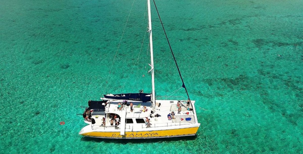 aerial view of the best wedding catamaya catamaran charter in playa del carmen and tulum riviera maya mexico